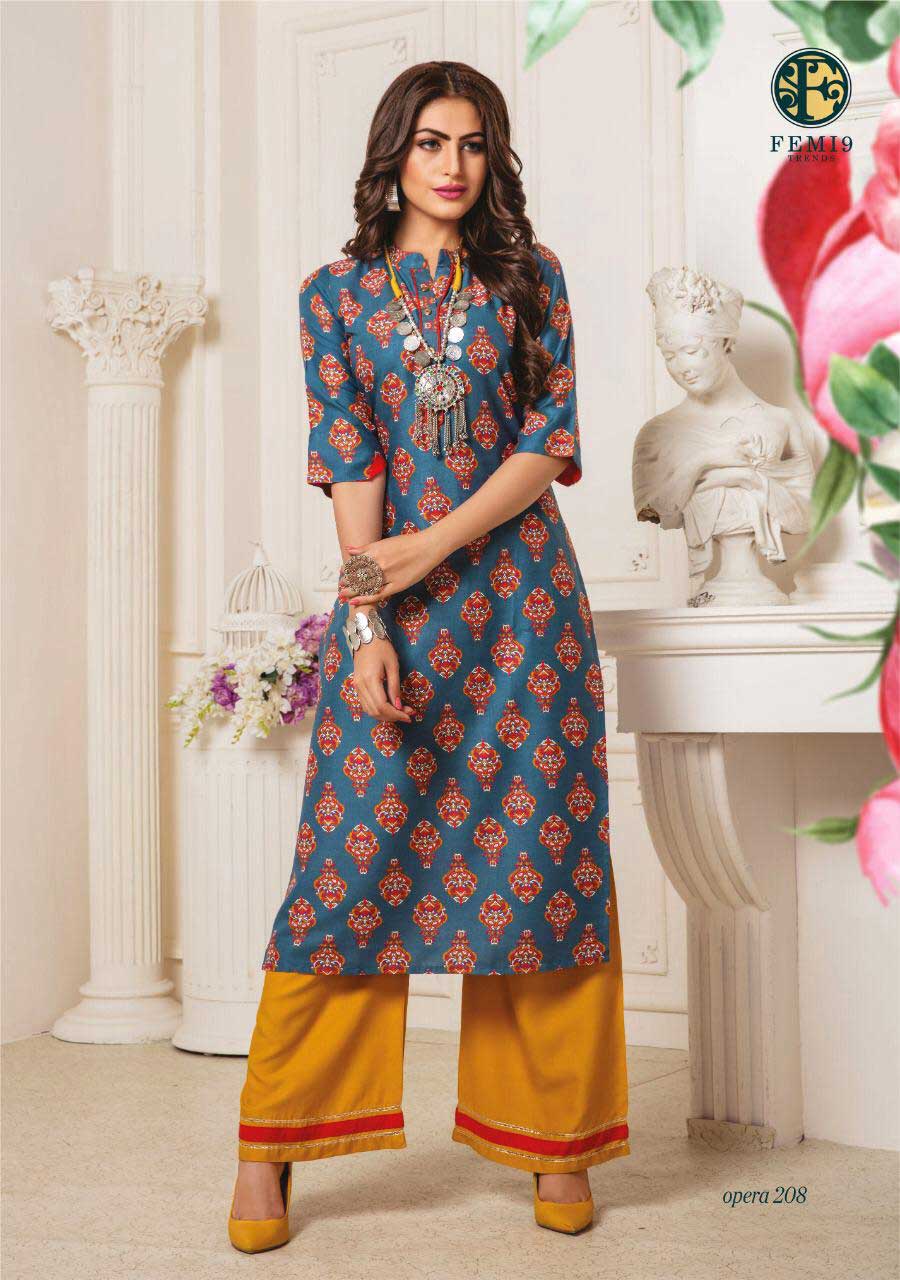 Opera Vol 2 By Femi9 Rayon Print Beautiful Kurtis With Palazzo Set Opera Vol 2 By Femi9 Rayon Print Beautiful Kurtis With Palazzo Set